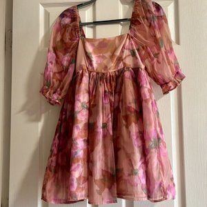 Wedding guest dress pink floral babydoll mini dress XS